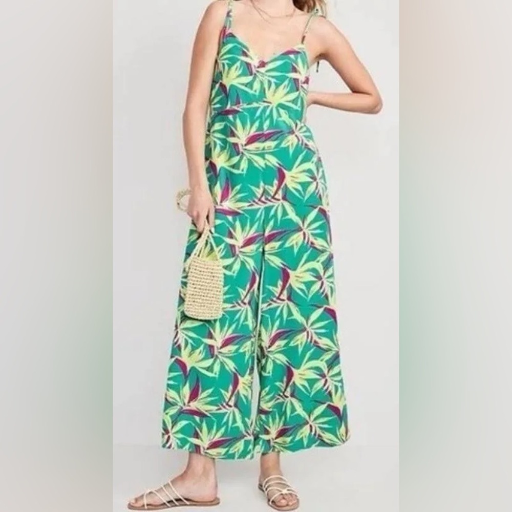 Old Navy Green and Purple Leaf Jumpsuit